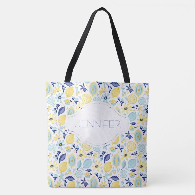 Yellow Lemons Mint Green and Blue Personalized Tote Bag (Front)