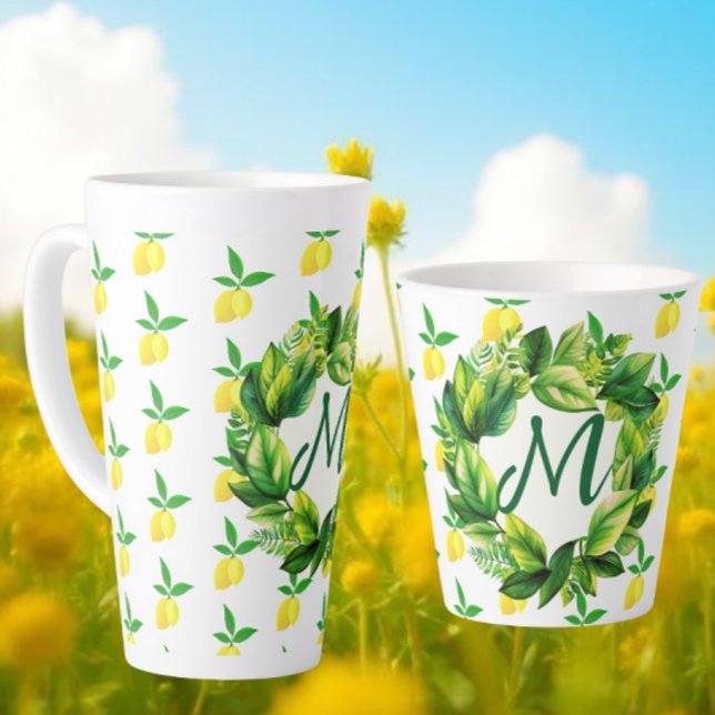 Yellow Lemons Monogram  Latte Mug (Personalize with a monogram of your choice)