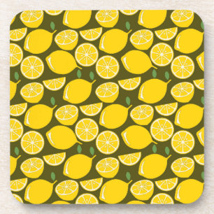 Yellow Lemons & Olive Green Pattern: Modern Citrus Beverage Coaster