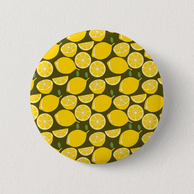 Yellow Lemons & Olive Green Pattern: Modern Citrus Button (Front)