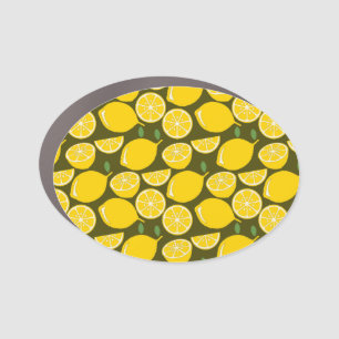 Yellow Lemons & Olive Green Pattern: Modern Citrus Car Magnet