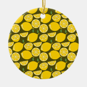 Yellow Lemons & Olive Green Pattern: Modern Citrus Ceramic Ornament