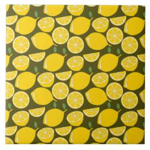 Yellow Lemons & Olive Green Pattern: Modern Citrus Ceramic Tile