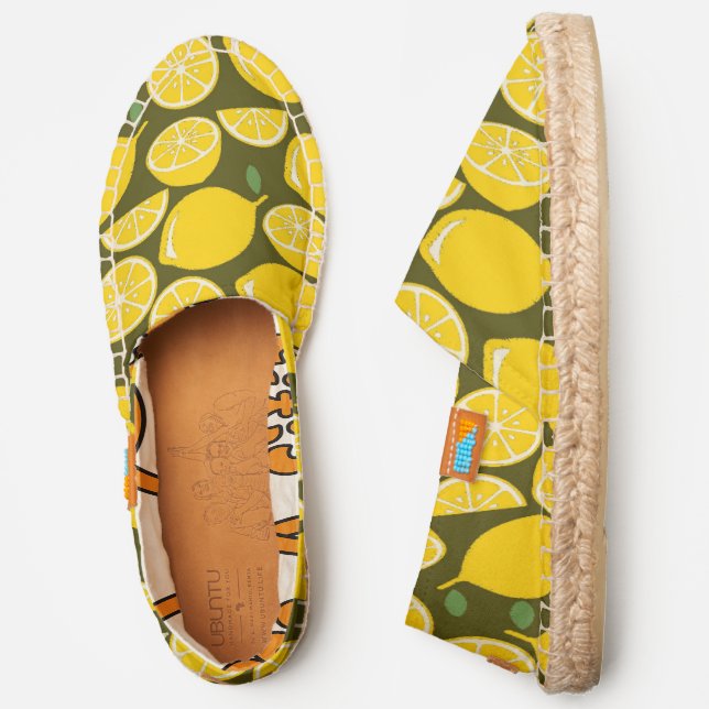 Yellow Lemons & Olive Green Pattern: Modern Citrus Espadrilles (Side)