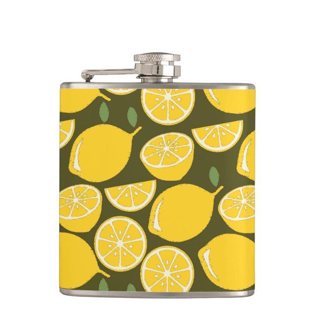 Yellow Lemons & Olive Green Pattern: Modern Citrus Flask (Front)