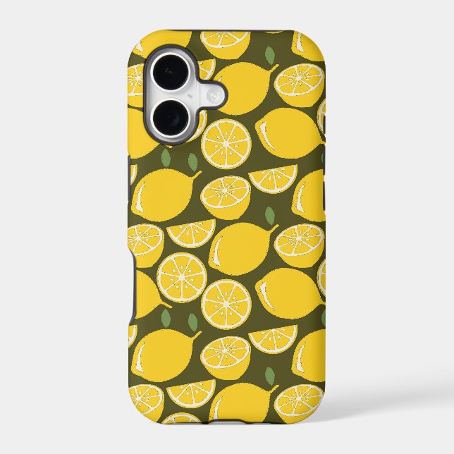 Yellow Lemons & Olive Green Pattern: Modern Citrus Iphone Case (Back)