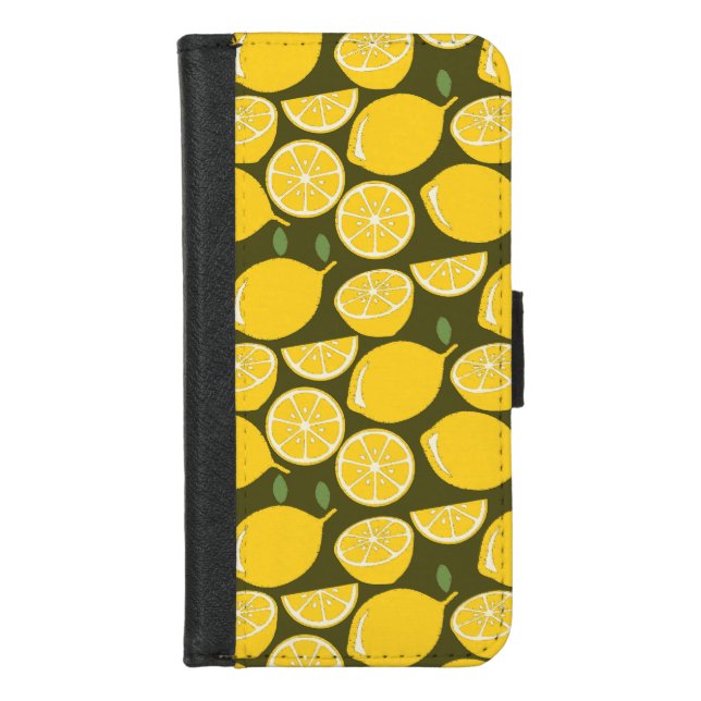 Yellow Lemons & Olive Green Pattern: Modern Citrus iPhone Wallet Case (Front)