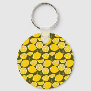Yellow Lemons & Olive Green Pattern: Modern Citrus Keychain
