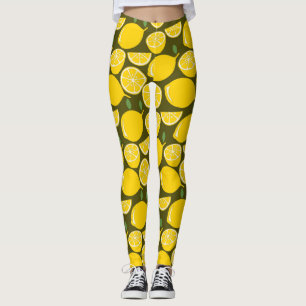 Yellow Lemons & Olive Green Pattern: Modern Citrus Leggings