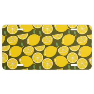 Yellow Lemons & Olive Green Pattern: Modern Citrus License Plate