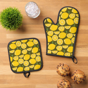 Yellow Lemons & Olive Green Pattern: Modern Citrus Oven Mitt & Pot Holder Set