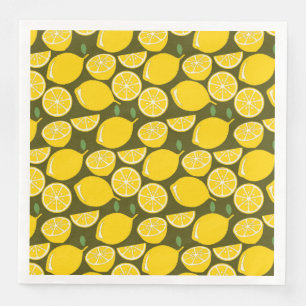Yellow Lemons & Olive Green Pattern: Modern Citrus Paper Dinner Napkins