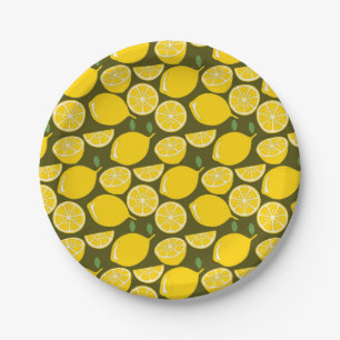 Yellow Lemons & Olive Green Pattern: Modern Citrus Paper Plates