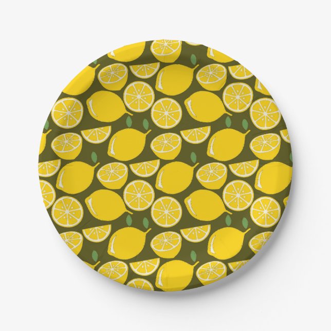 Yellow Lemons & Olive Green Pattern: Modern Citrus Paper Plates (Front)