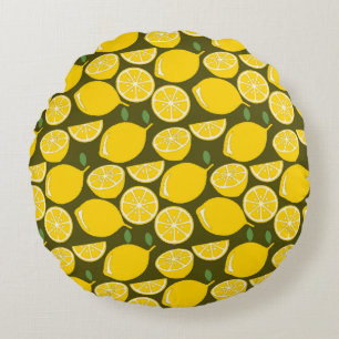 Yellow Lemons & Olive Green Pattern: Modern Citrus Round Pillow