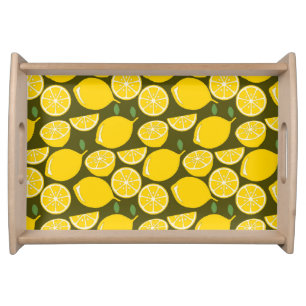 Yellow Lemons & Olive Green Pattern: Modern Citrus Serving Tray