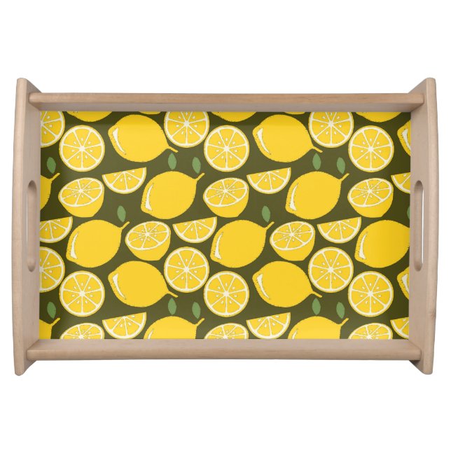 Yellow Lemons & Olive Green Pattern: Modern Citrus Serving Tray (Front)