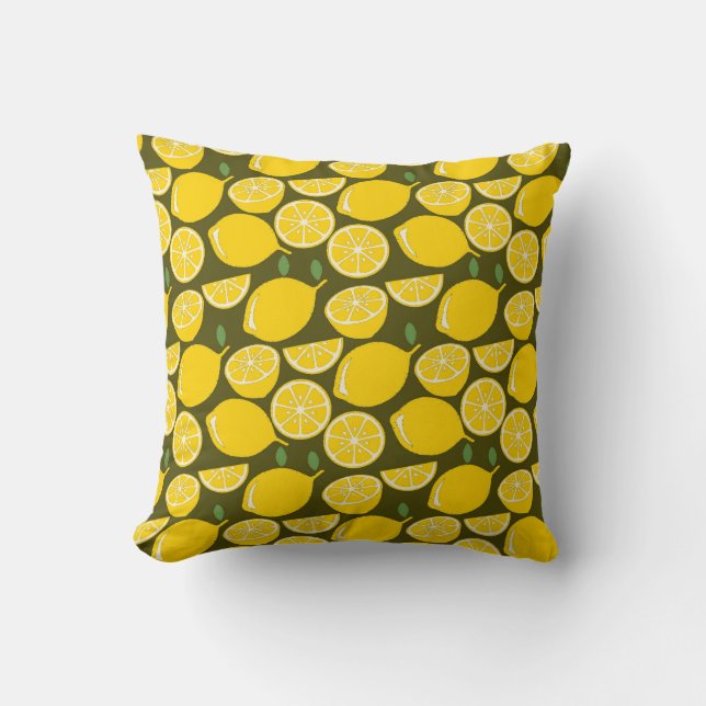 Yellow Lemons & Olive Green Pattern: Modern Citrus Throw Pillow (Front)
