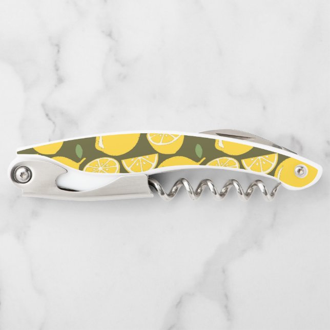Yellow Lemons & Olive Green Pattern: Modern Citrus Waiter's Corkscrew (Front)