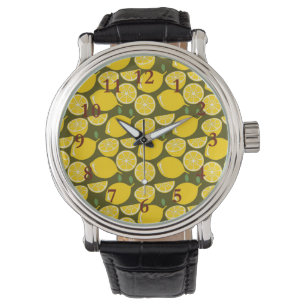 Yellow Lemons & Olive Green Pattern: Modern Citrus Watch
