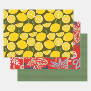 Yellow Lemons & Olive Green Pattern: Modern Citrus Wrapping Paper Sheets