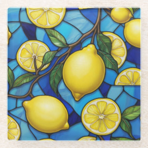 Yellow Lemons on Blue Stained Glass Art Coaster