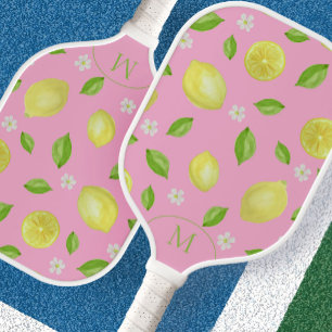 Yellow Lemons on Pink Custom Initial Ladies Pickleball Paddle
