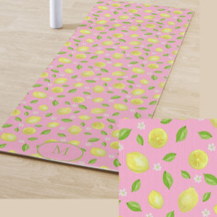 Yellow Lemons on Pink Custom Initial Ladies Yoga Mat