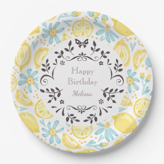 Yellow Lemons & Pastel Blue Flowers Happy Birthday Paper Plates (Front)