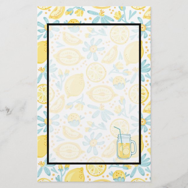 Yellow Lemons & Pastel Blue Flowers & Lemonade Jar Stationery (Front)