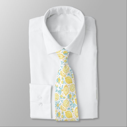 Yellow Lemons  Pastel Blue Flowers Pattern Neck Tie