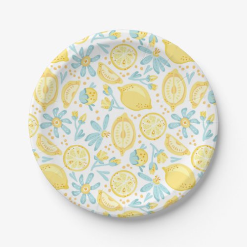 Yellow Lemons  Pastel Blue Flowers Pattern Paper Plates