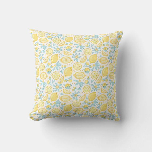 Yellow Lemons & Pastel Blue Flowers Pattern Throw Pillow (Front)