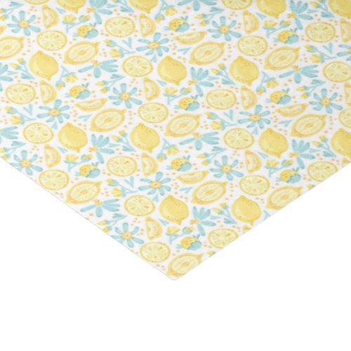 Yellow Lemons  Pastel Blue Flowers Pattern Tissue Paper