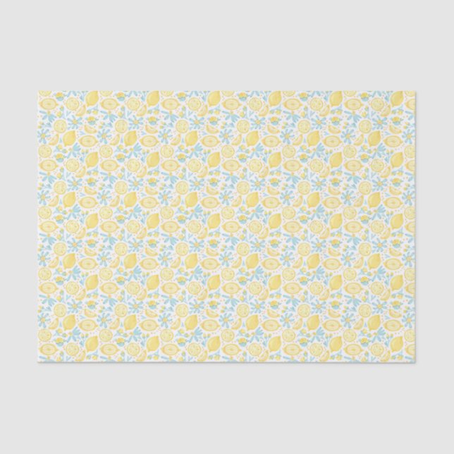 Yellow Lemons & Pastel Blue Flowers Pattern Tissue Paper (Front)