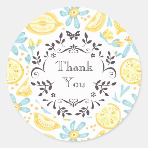 Yellow Lemons  Pastel Blue Flowers Thank You Classic Round Sticker