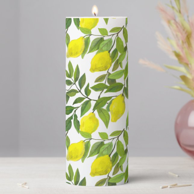 Yellow lemons pattern pillar candle (In Situ)