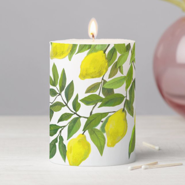 Yellow lemons pattern pillar candle (In Situ)
