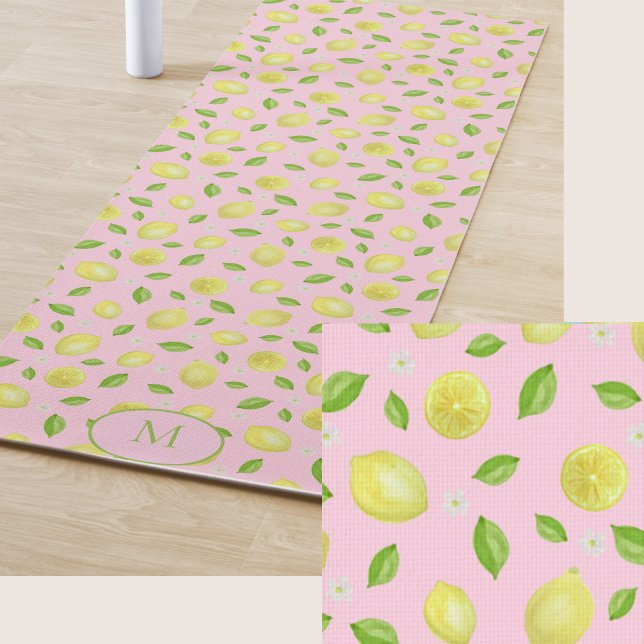 Yellow Lemons Pink Custom Monogram Yoga Mat (Creator Uploaded)
