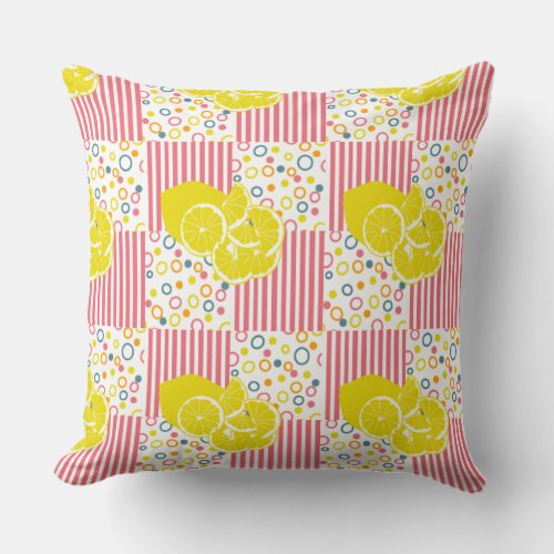 Yellow Lemons Pink Stripes Checks Summer Throw Pillow