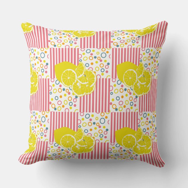 Yellow Lemons Pink Stripes Checks Summer Throw Pillow (Front)