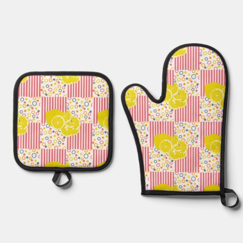 Yellow Lemons Pink stripes Oven Mitt  Pot Holder Set