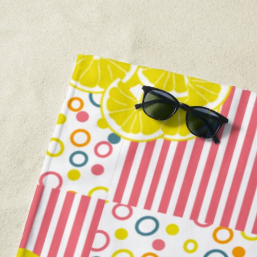 Yellow lemons Pink Stripes Pastel Circles Beach Towel