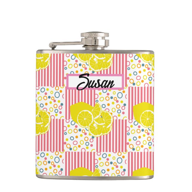 Yellow Lemons Pink Stripes Summer Flask (Front)