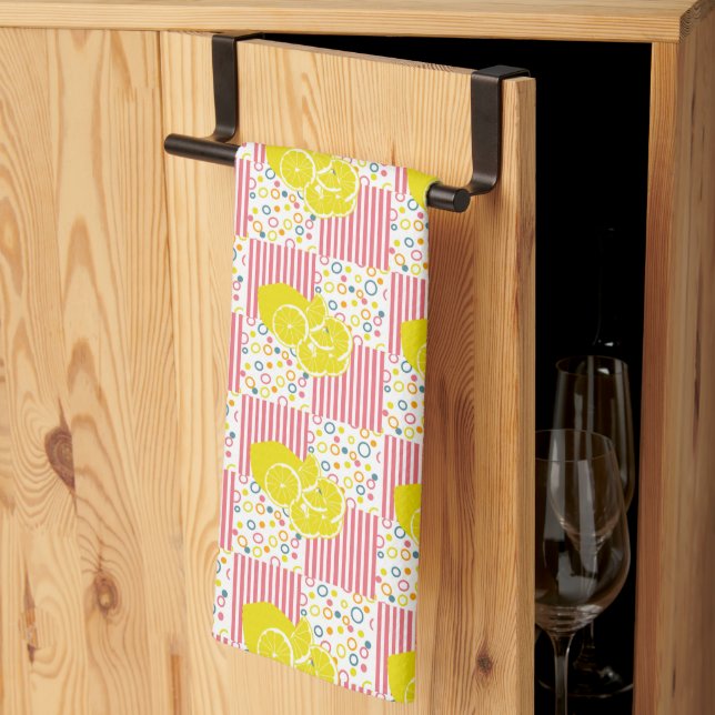Yellow Lemons Pink Stripes Summer Kitchen Towel (Thirds Fold)
