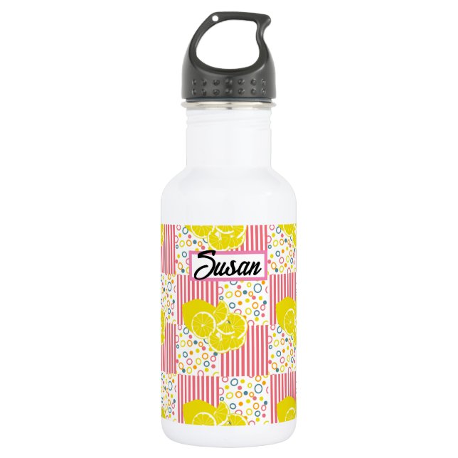 Yellow Lemons Pink Stripes Summer Stainless Steel Water Bottle (Front)