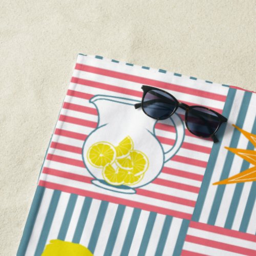 Yellow Lemons Pink Teal Stripes Beach Towel