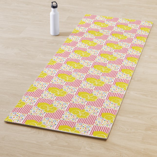 Yellow Lemons Pink White Stripes  Yoga Mat (In Situ)