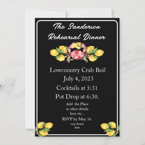  Yellow Lemons Red Crab Lowcountry party Invitation