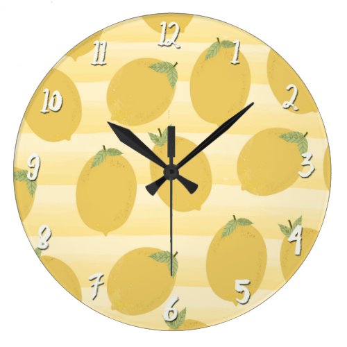 Yellow Lemons Summer Fruit Watercolor Fun Bright Large Clock